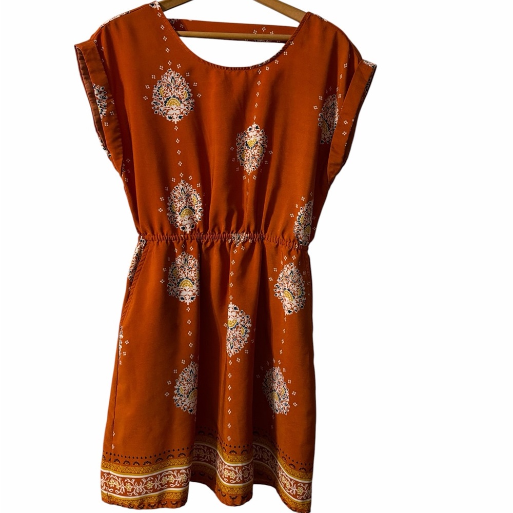 Pink Rose Vintage Boho Mini Dress Orange Medallion Print Size Small